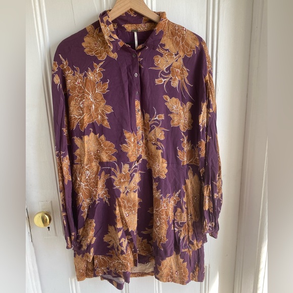 Free People shake It Floral Burgundy Ruffle Boho Tie Pullover Mini Dress… - Picture 6 of 13